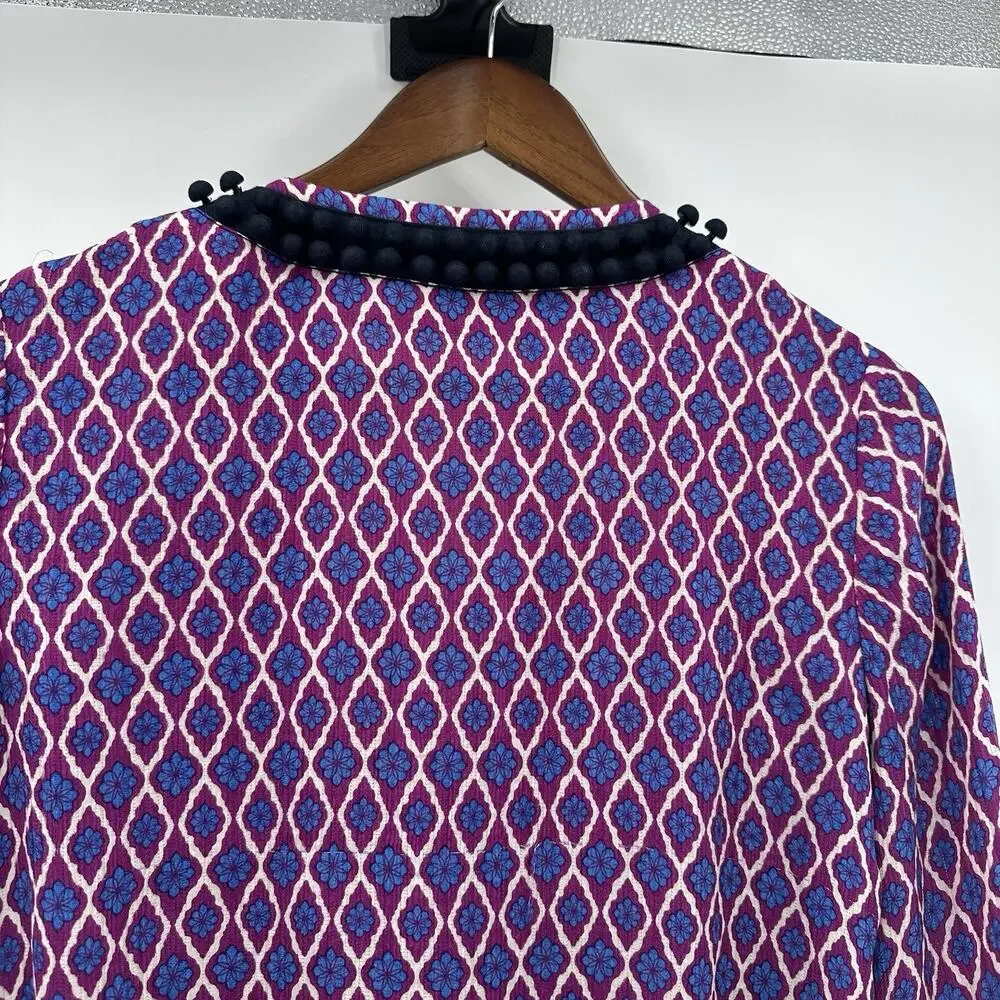 Tory‎ Burch Top Blouse Womens 0 Purple Bubble Tunic Floral Geometric Long